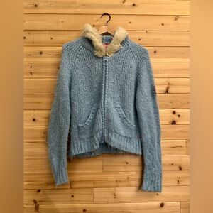 Y2K Vintage Groggy Medium Fuzzy Full Zip Knit Hoodie Faux Fur Hood Streetwear